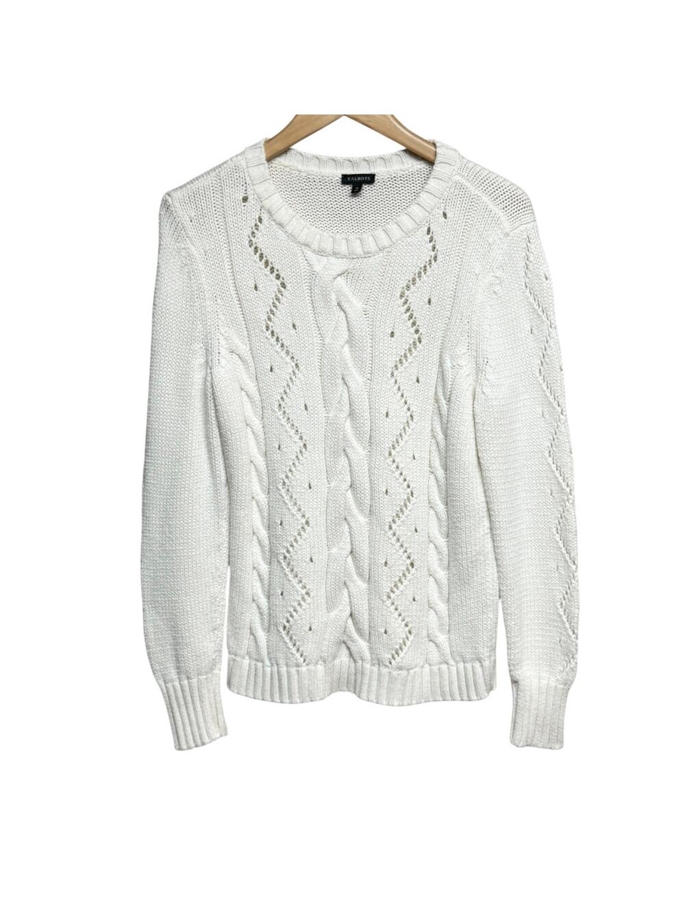Talbots Pullover Cotton Blend Crewneck Cable Knit Sweater Ivory Size Medium